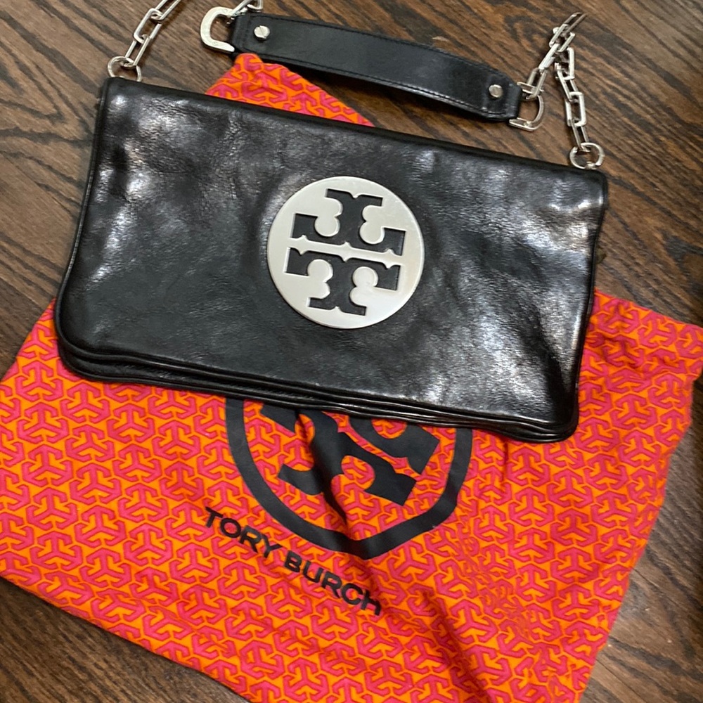 Tory Burch black leather with silver detail shoulder bag clutch.